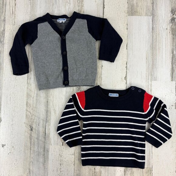 Lot of 2 Jacadi Sweaters Cardigan Blue Stripe Baby Boys Sz 18 M - Picture 1 of 11